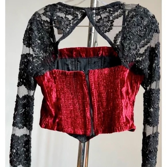 Vintage KATZ Womens Set Handmade Red Velvet Corset Top Lace Black Bead Skirt M - Picture 7 of 12